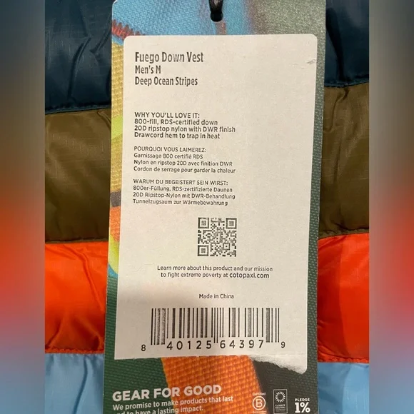 Cotopaxi Fuego Down Vest NWT Men’s M Deep Ocean Stripes Retro Look Gear for Good - Picture 4 of 6